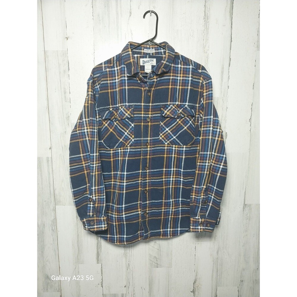 Duluth Trading Shirt Men L Blue Flannel Plaid Button Down Outdoor Heavy Thick